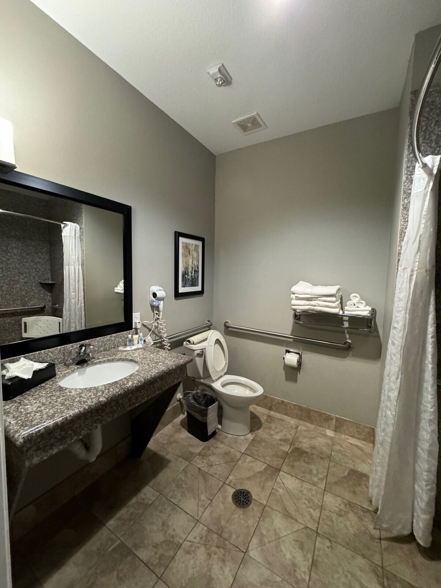 Une salle de bain moderne avec deux lavabos, des toilettes, une douche et une barre d’appui.