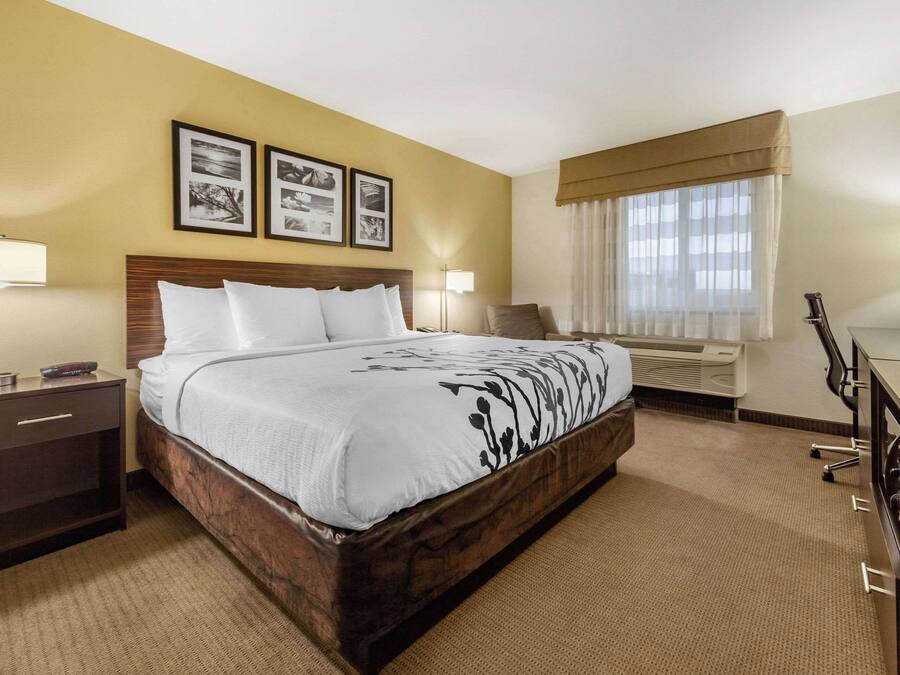 A hotel room with a large bed, bedside tables, a desk, and a window with curtains.