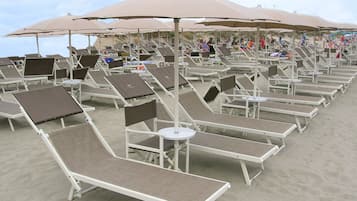 Privatstrand, Liegestühle, Sonnenschirme