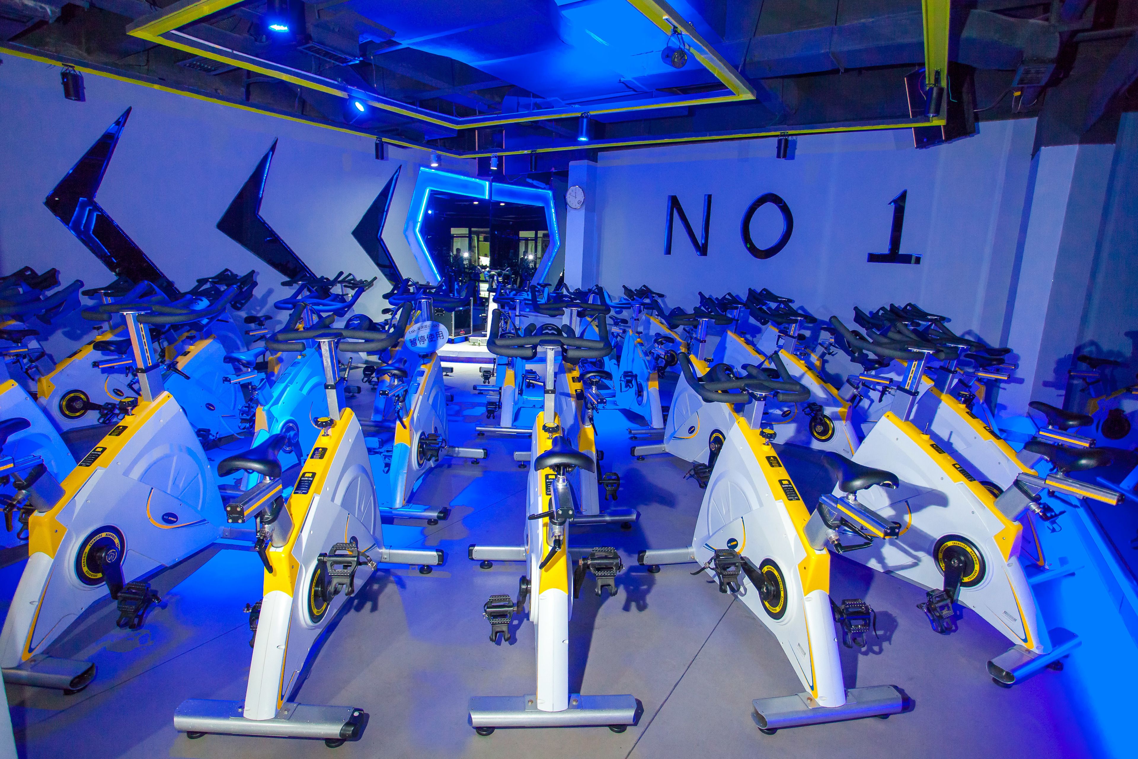 A gym with multiple exercise bikes arranged in rows.