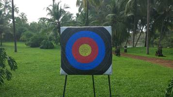 A target board on a stand in a grassy area with palm trees in the background.