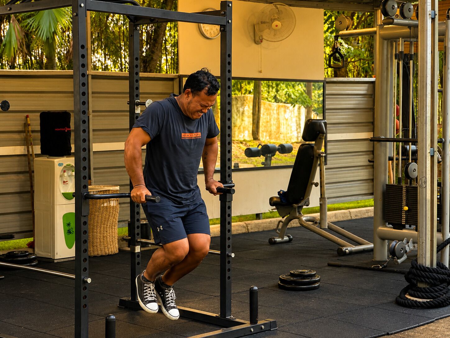 A man performing a squat exercise on a barbell in a gym with various equipment and a wall clock.