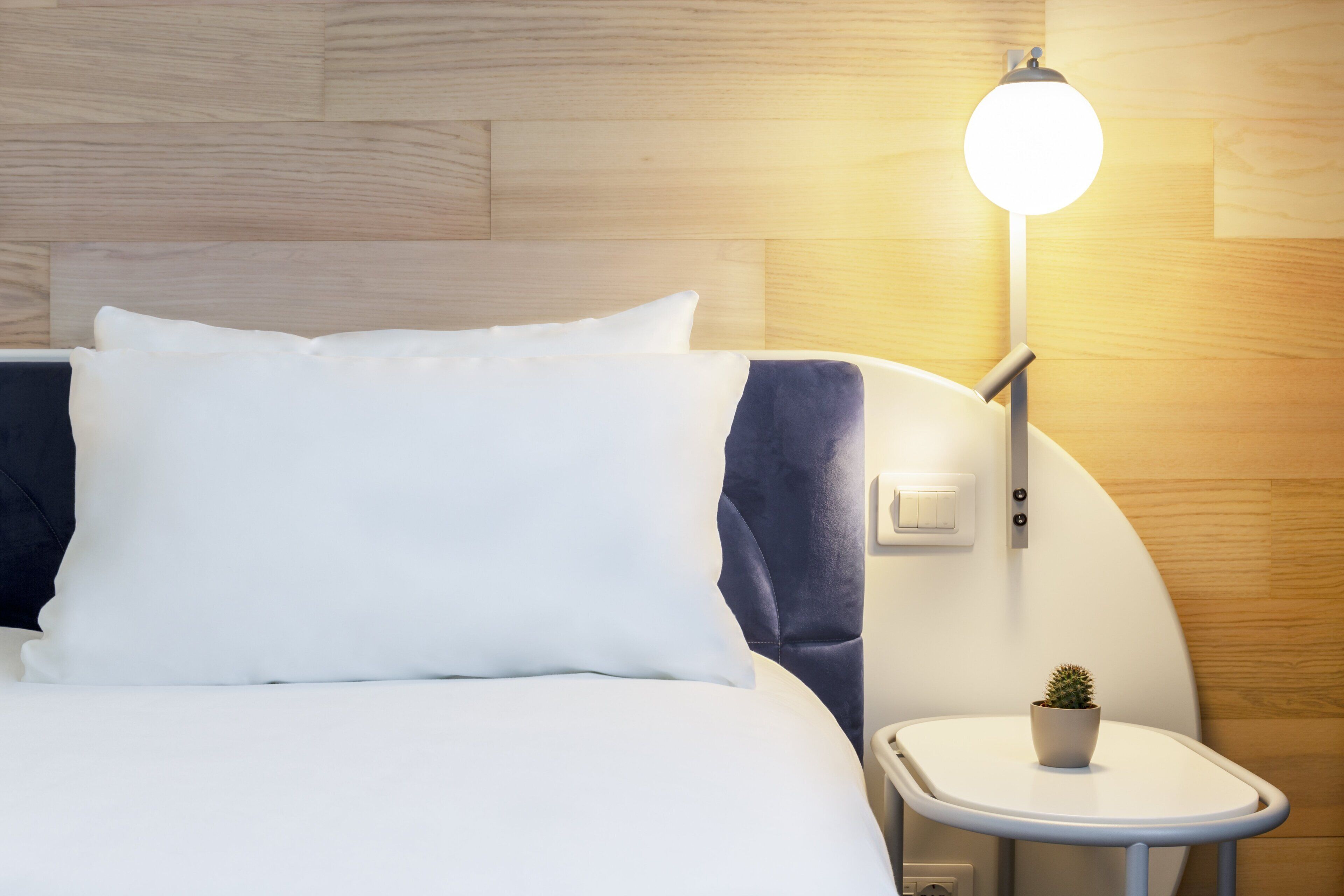 A neatly made bed with white and navy bedding, a bedside table with a small potted plant, and a wall-mounted light fixture.
