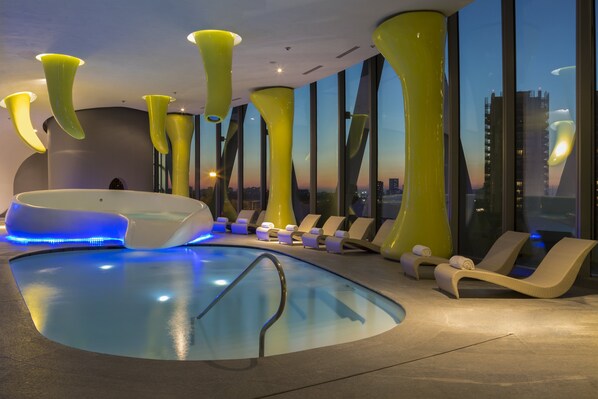 Indoor pool, open 4:00 PM to 10:00 PM, sun loungers