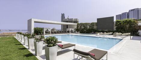 Indoor pool, outdoor pool, sun loungers