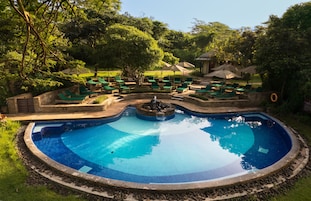 Una piscina al aire libre, sillones reclinables de piscina