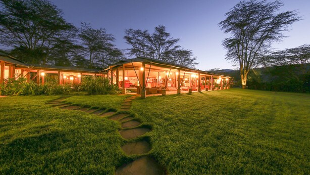 A well-lit, open-plan house with a grassy lawn and a stone pathway leading to the entrance.