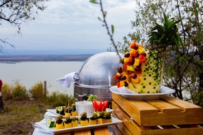 Ein Picknick mit verschiedenen Speisen, darunter eine mit Früchten und Gemüse dekorierte Ananas, sowie ein tragbarer Grill.