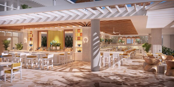 A modern indoor space with a bar area, seating, and a patterned floor. - Royal Palm South Beach Miami, a Tribute Portfolio Resort (Miami Beach)