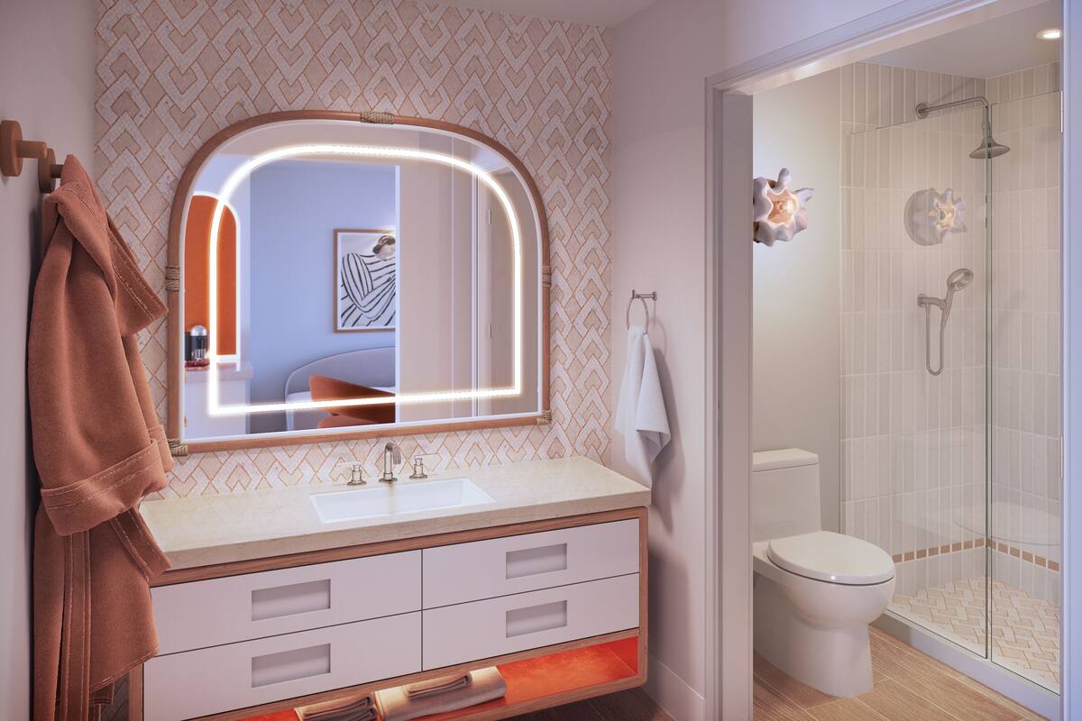 Shower, rainfall showerhead, free toiletries, hair dryer