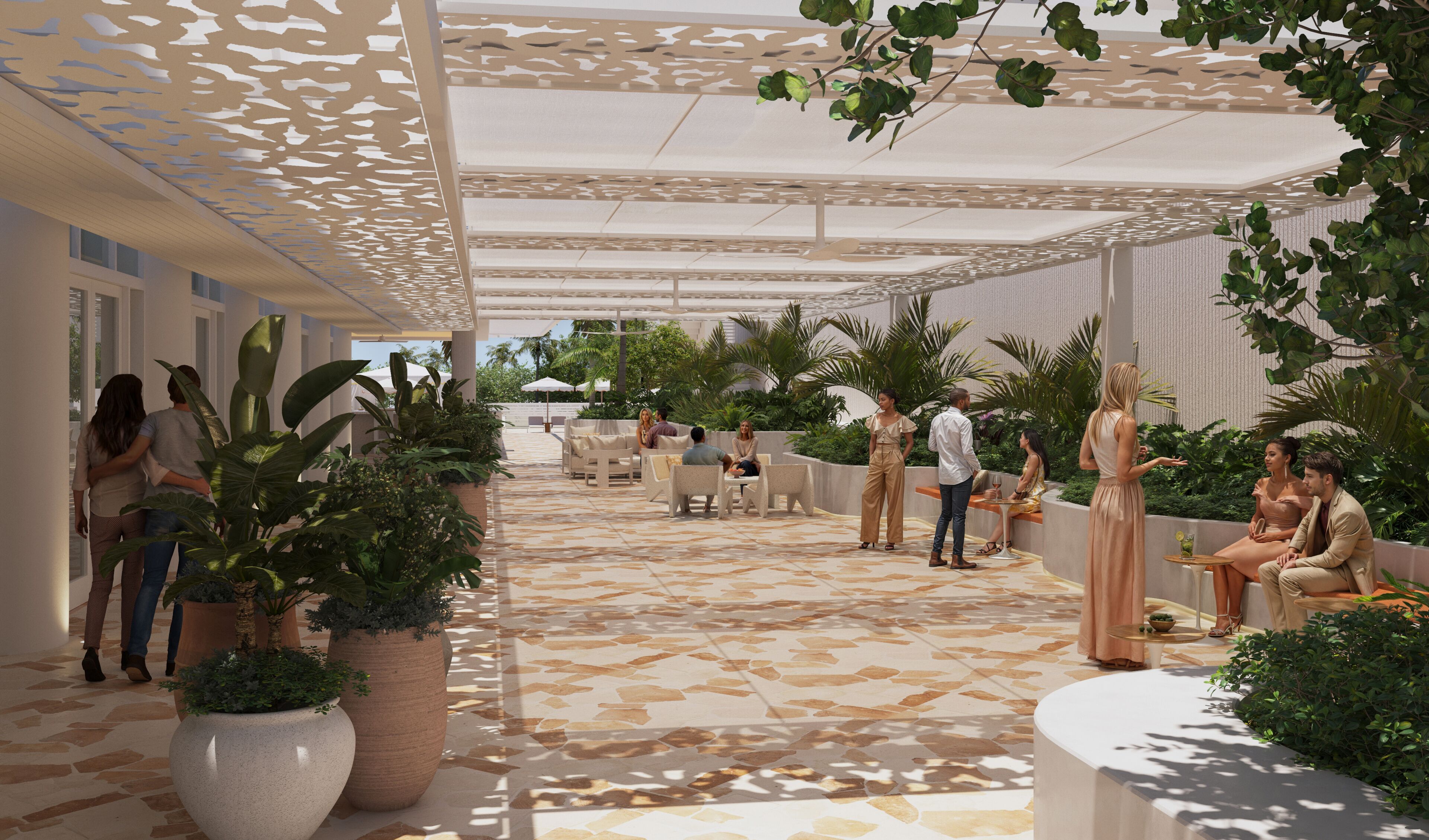 An outdoor lounge area with seating, potted plants, and a patterned floor.