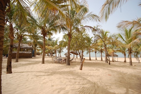 Una playa cerca, sombrillas, toallas de playa