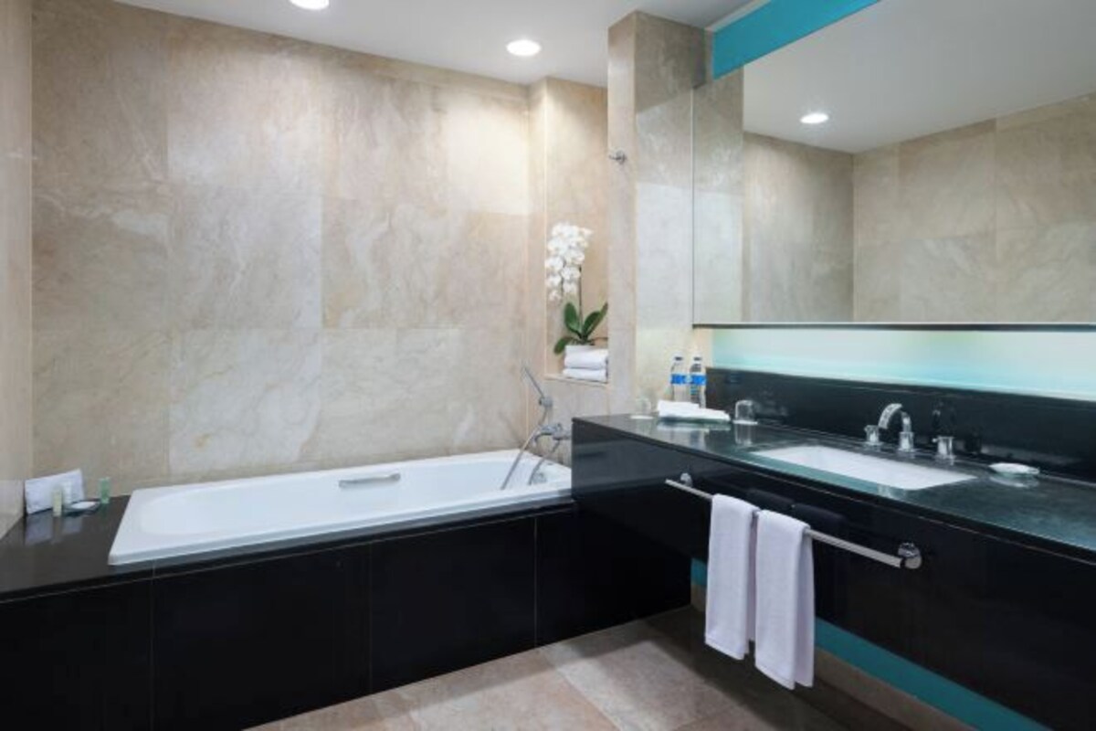 Un baño moderno con una bañera amplia, lavamanos doble y un espejo grande.
