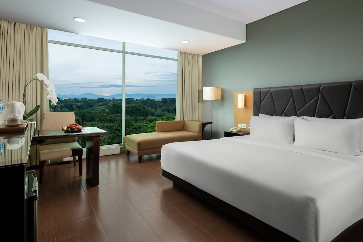 A hotel room with a large bed, a desk with a chair, a lamp, and a view of a green landscape.
