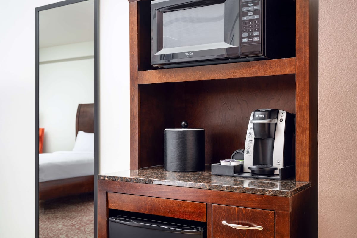 down duvets, desk, laptop workspace, blackout curtains