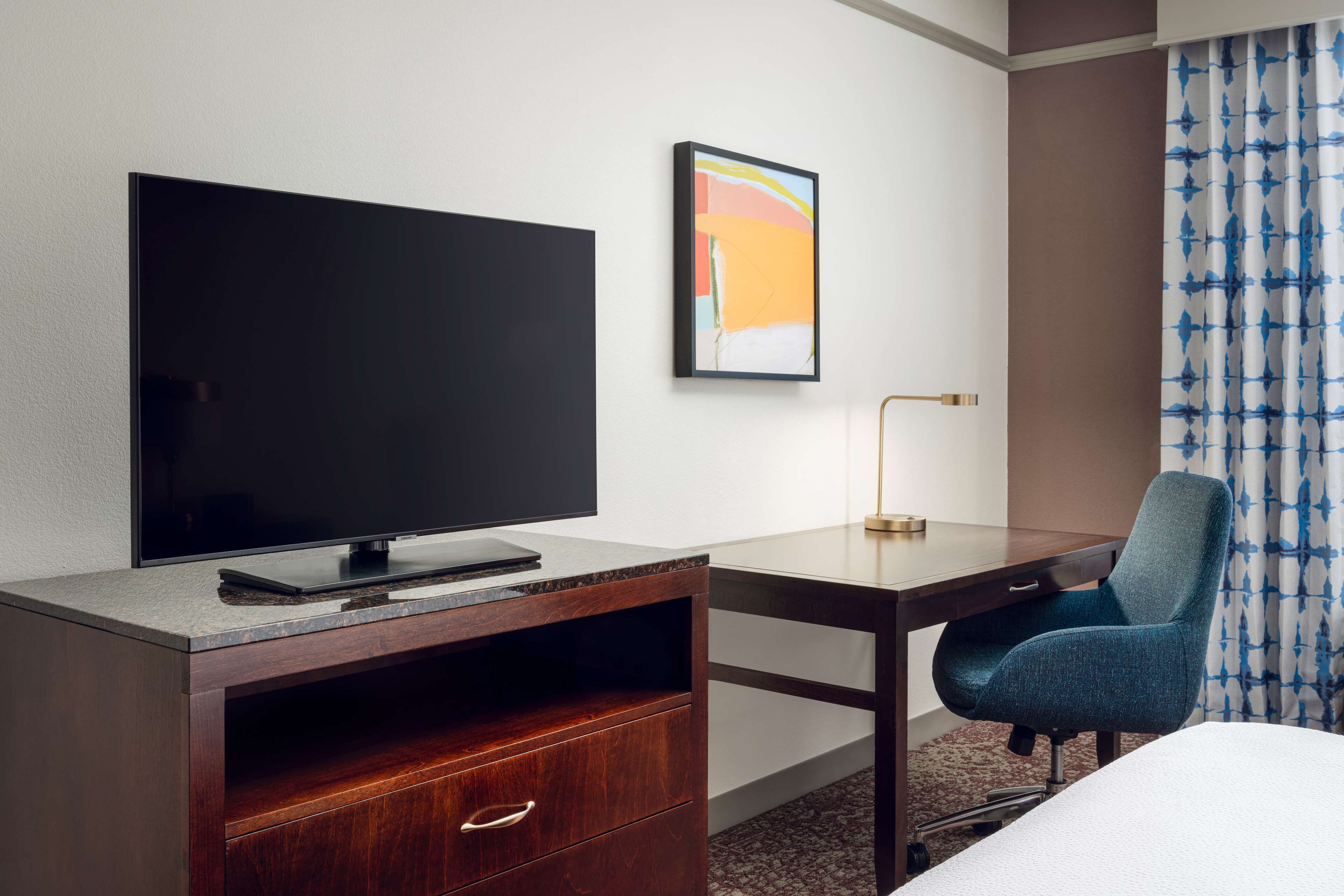 down duvets, desk, laptop workspace, blackout curtains