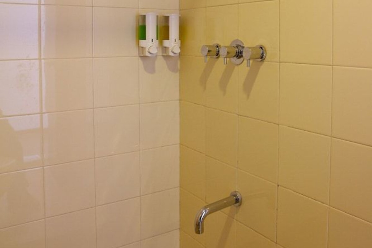 A shower with a handheld showerhead, a grab bar, and a towel rack.