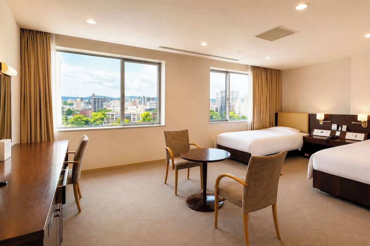 Hotelkamer met een bed, een bureau met televisie, een kleine tafel met stoelen en grote ramen met uitzicht op de stad.
