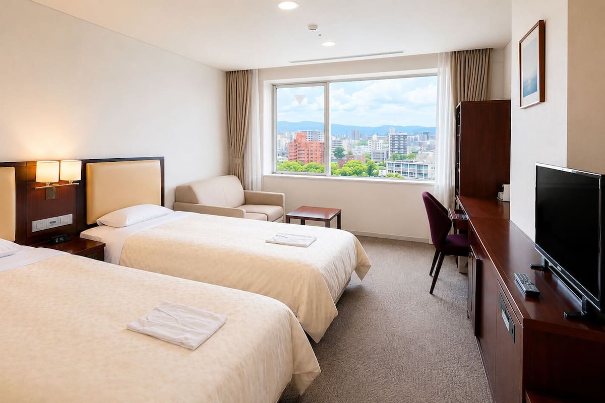 Een hotelkamer met twee bedden, een bureau met een televisie, een stoel en een raam met uitzicht op de stad.