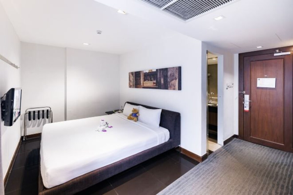 Un hotel moderno con una cama grande, un televisor de pantalla plana, un radiador, una puerta de madera y una pequeña obra de arte en la pared.