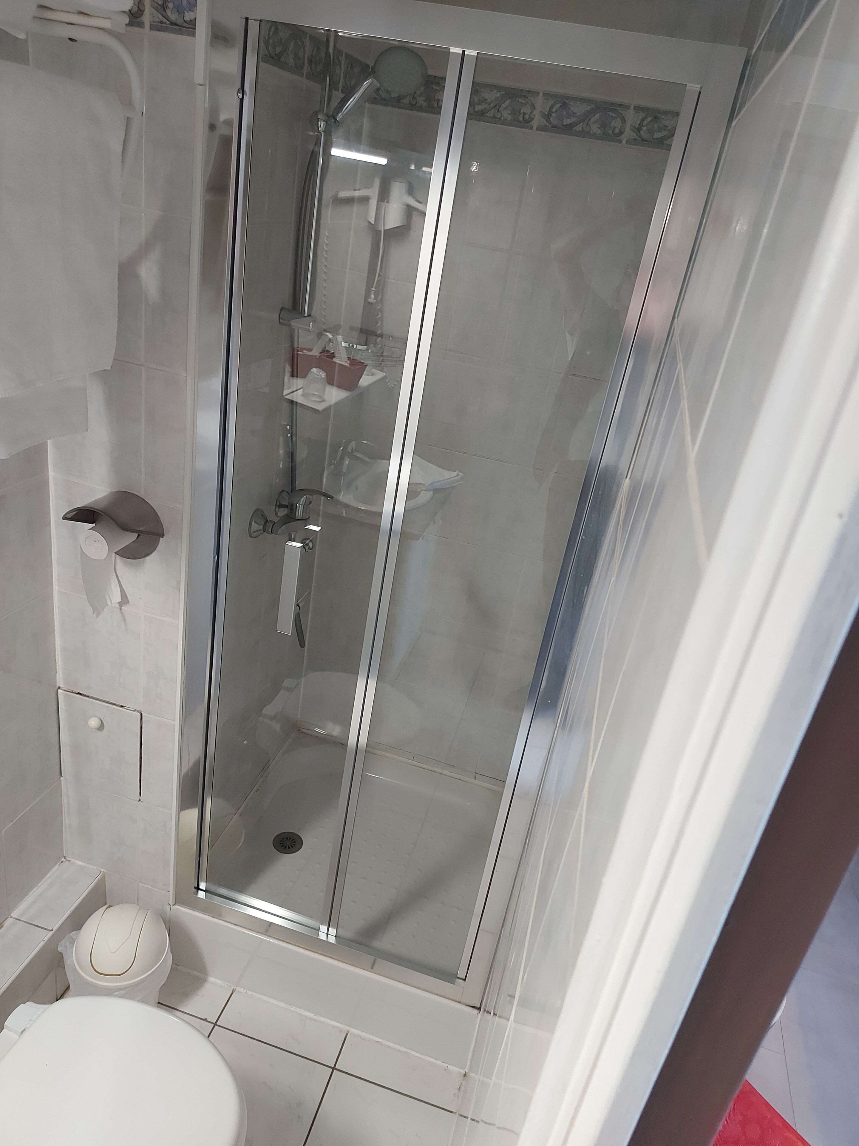 Een douchecabine met glazen wanden, een handdouche, een toilet en een klein plankje met toiletartikelen.