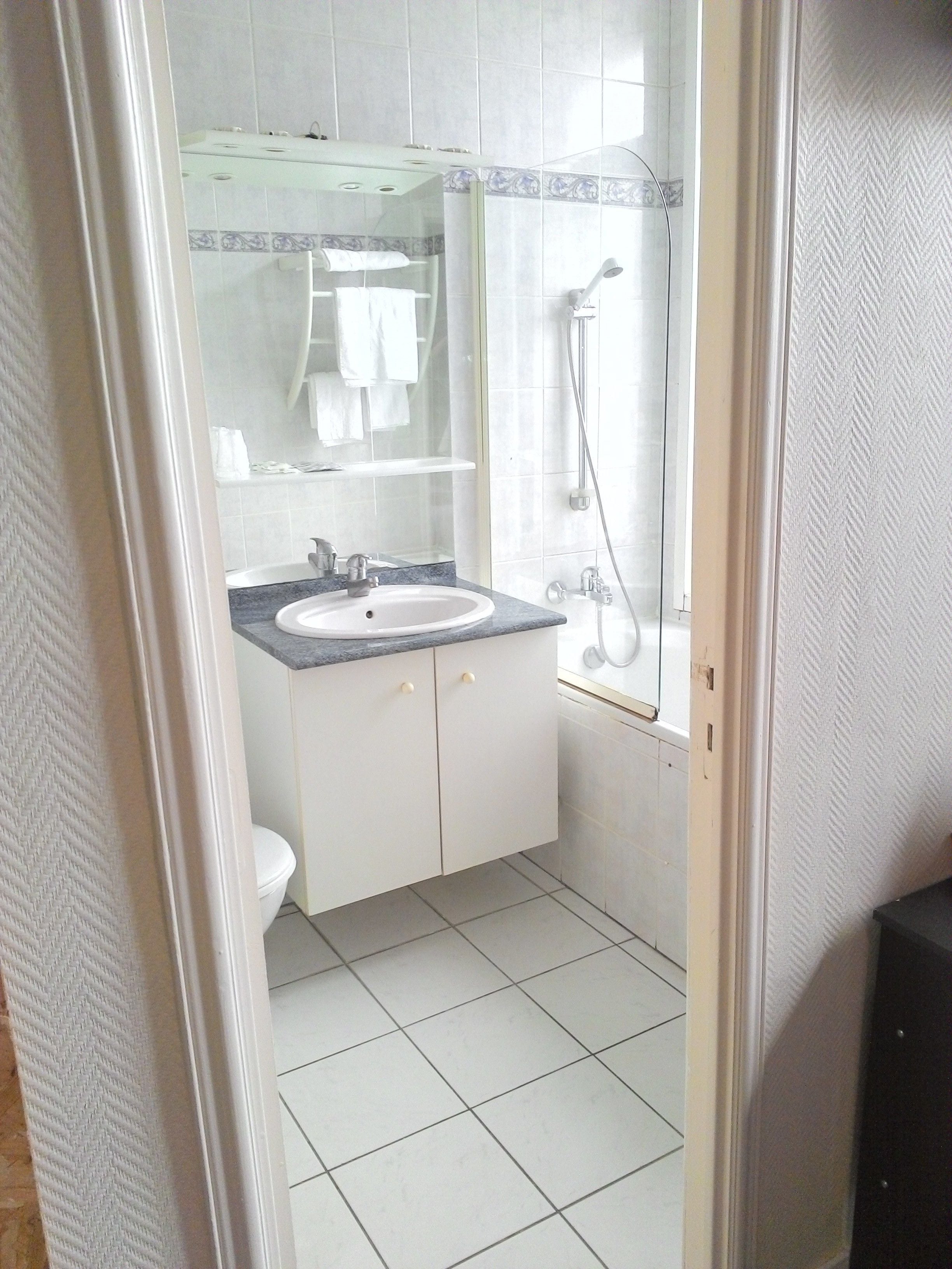 A bathroom with a white sink, a mirror, a shower, and a toilet.