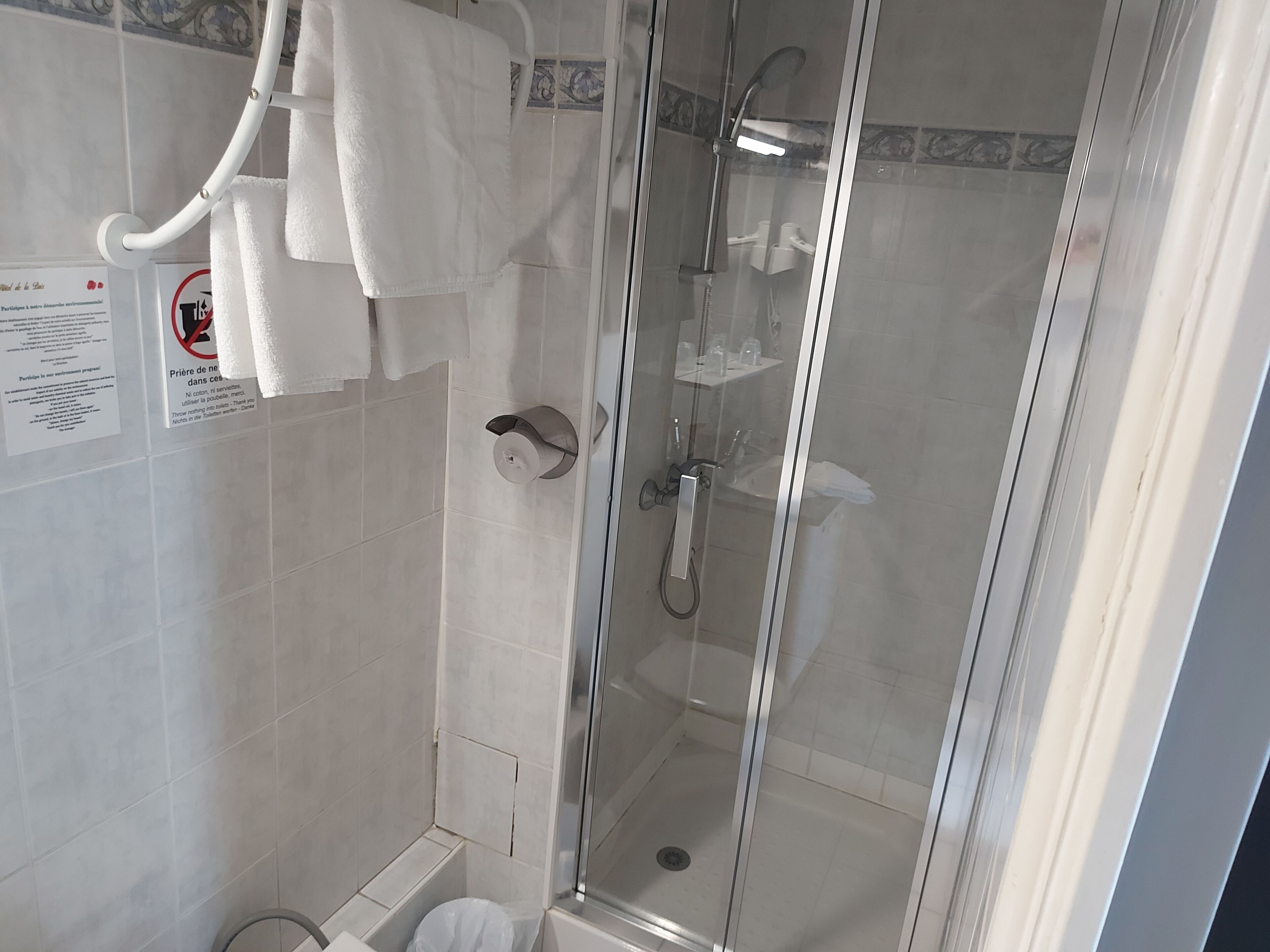 A glass-enclosed shower area with a toilet and a towel rack.
