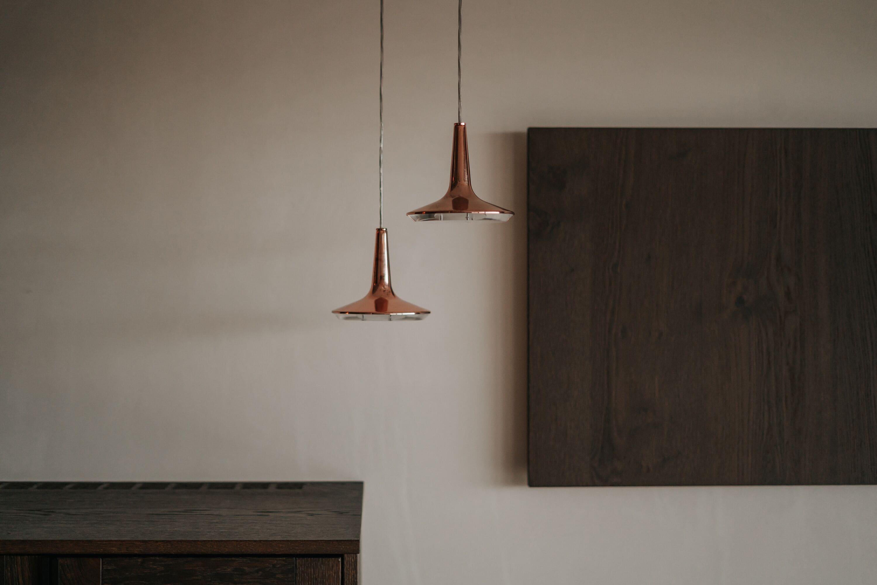 Two pendant lights hanging from the ceiling, a dark wooden cabinet, and a large dark wooden panel on the wall.