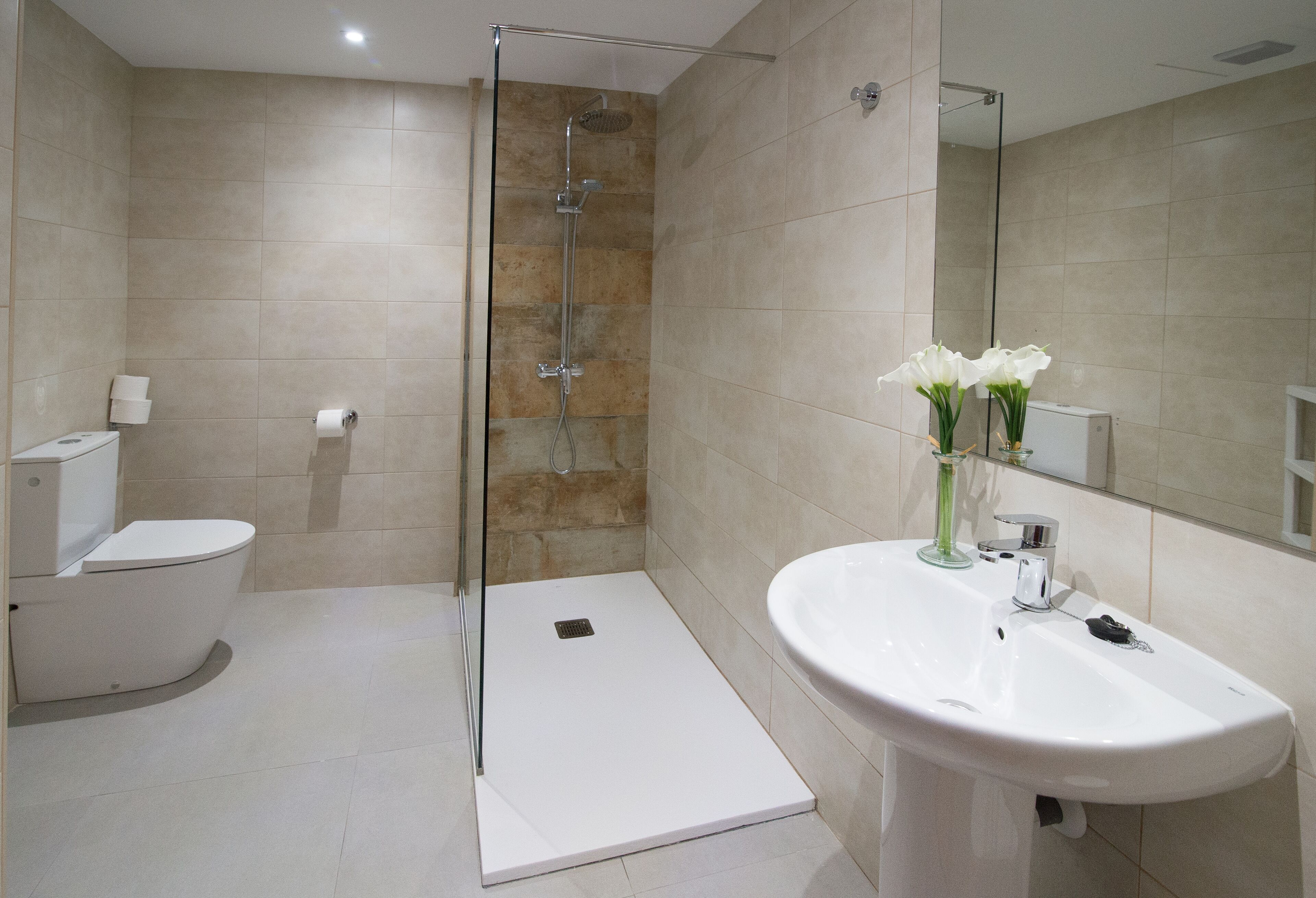 Een bad/douchecombinatie, een haardroger, een bidet, handdoeken
