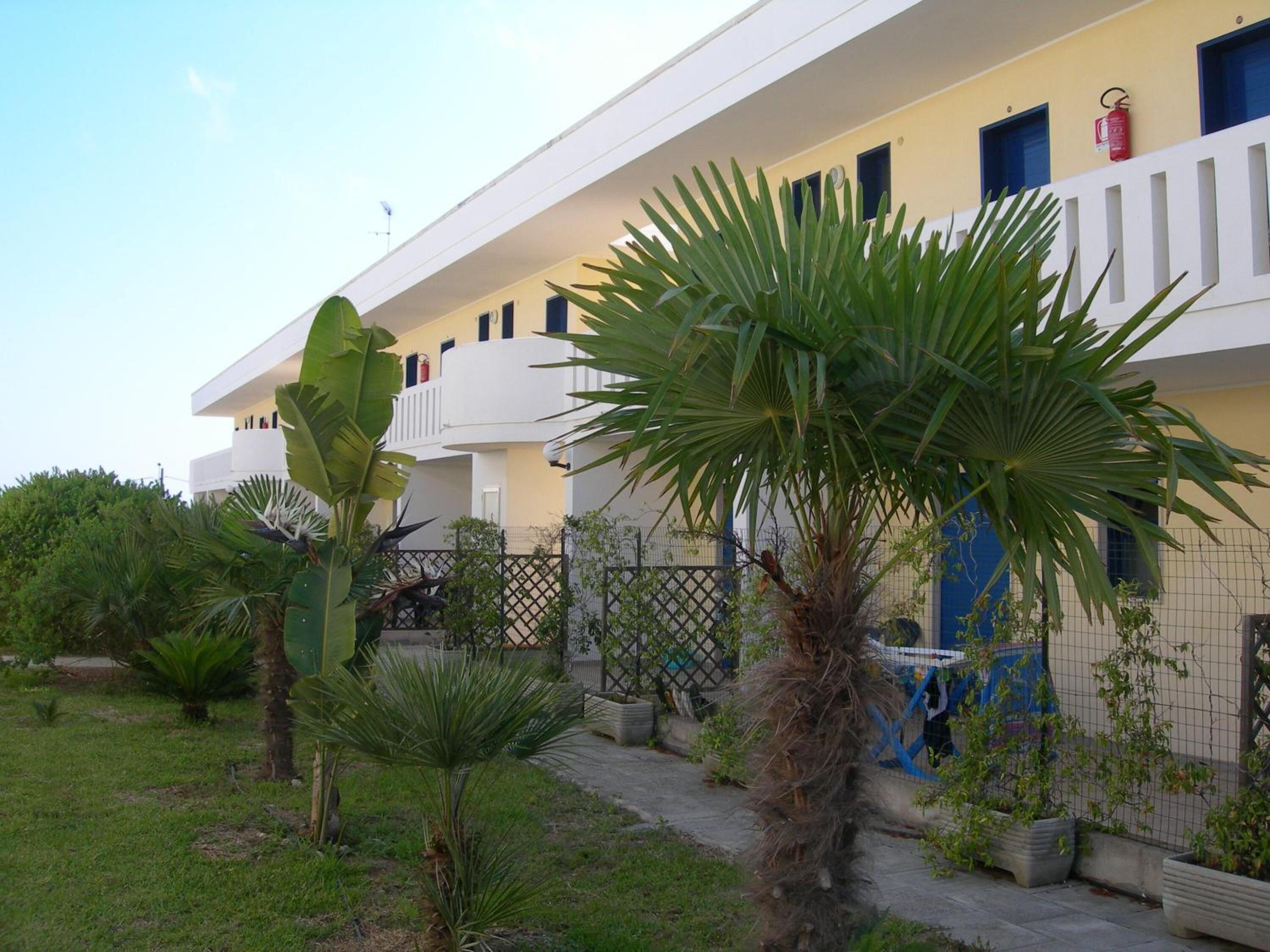 Un edificio moderno con fachada blanca, balcones y un jardín vallado con palmeras.