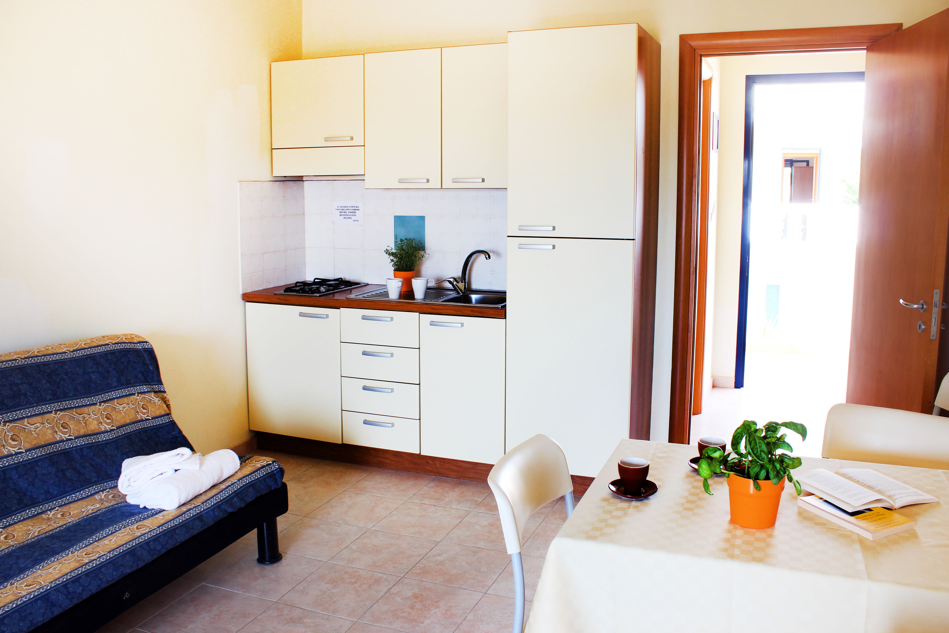 A compact kitchen with white cabinets, a sink, and a stove. There is a sofa with a towel on it, a dining table with a plant and a book, and a door leading outside.
