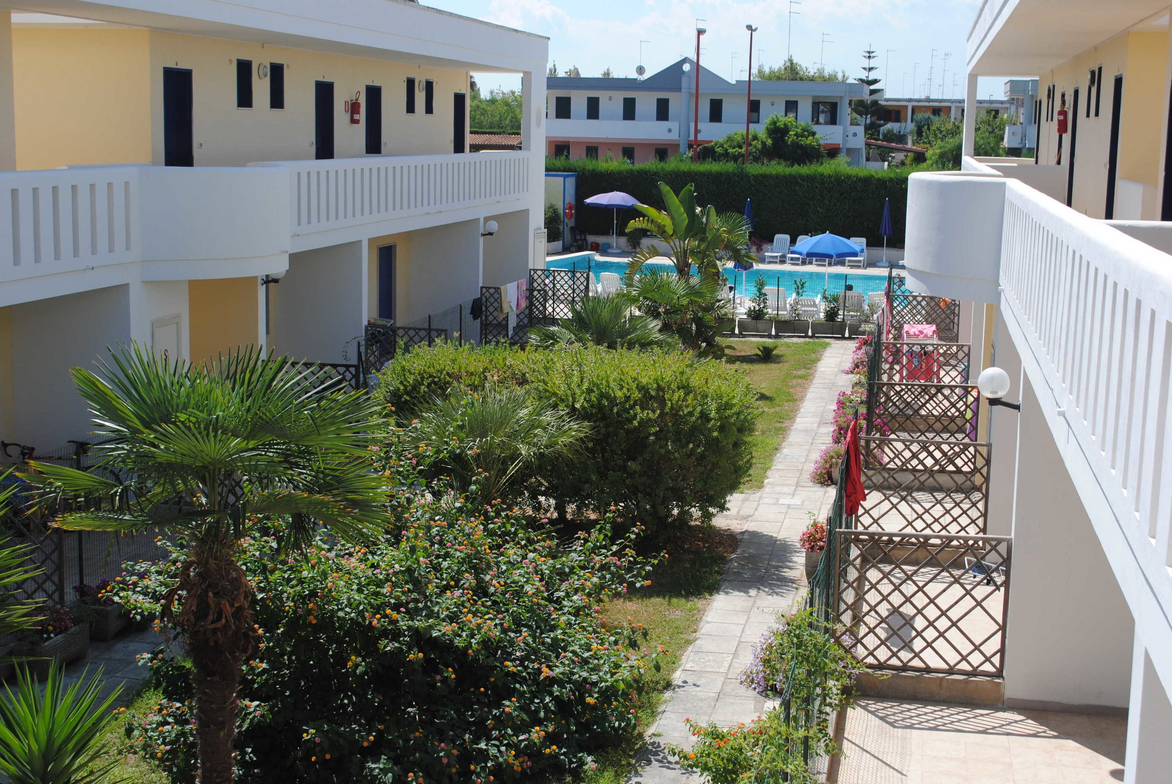 A courtyard with a pool, surrounded by greenery and a pathway.