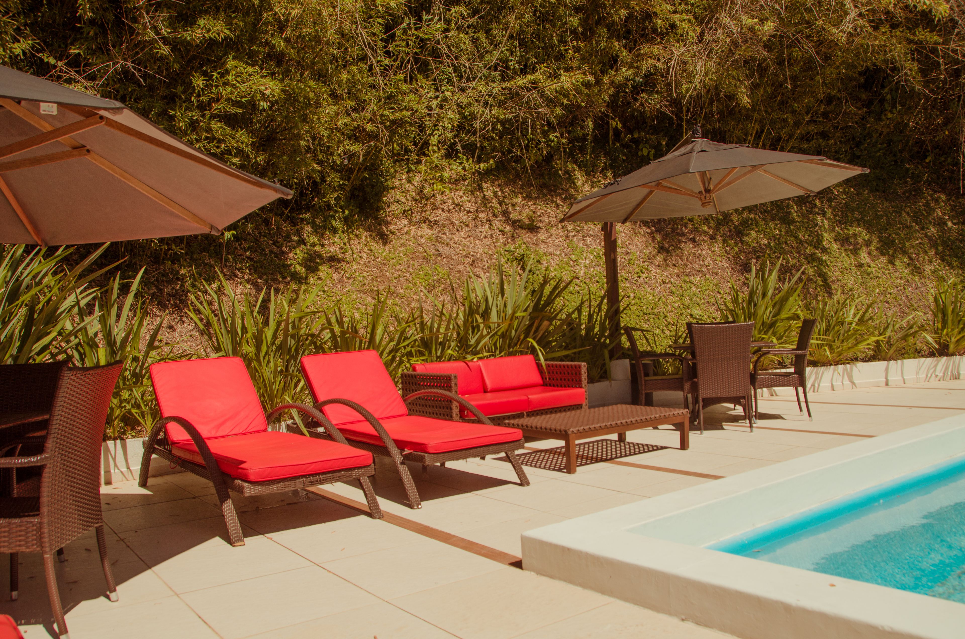 outdoor pool, pool umbrellas, pool loungers