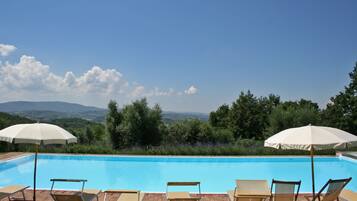 Outdoor pool, pool umbrellas, pool loungers