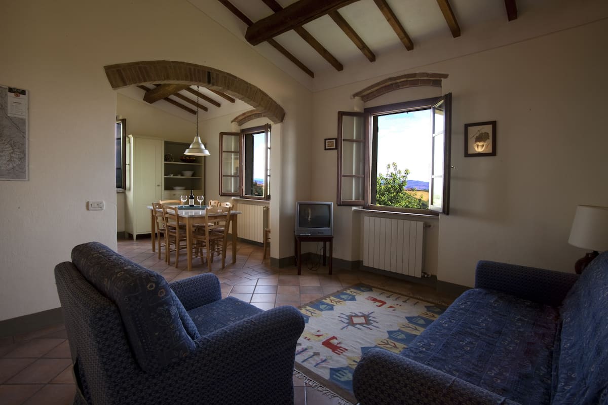 A living room with two blue armchairs, a dining area with a table and chairs, a television, and a window with a view.
