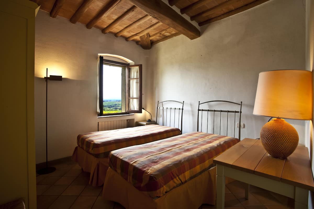 A room with two single beds, a wooden table with a lamp, a window with a view, and a radiator.