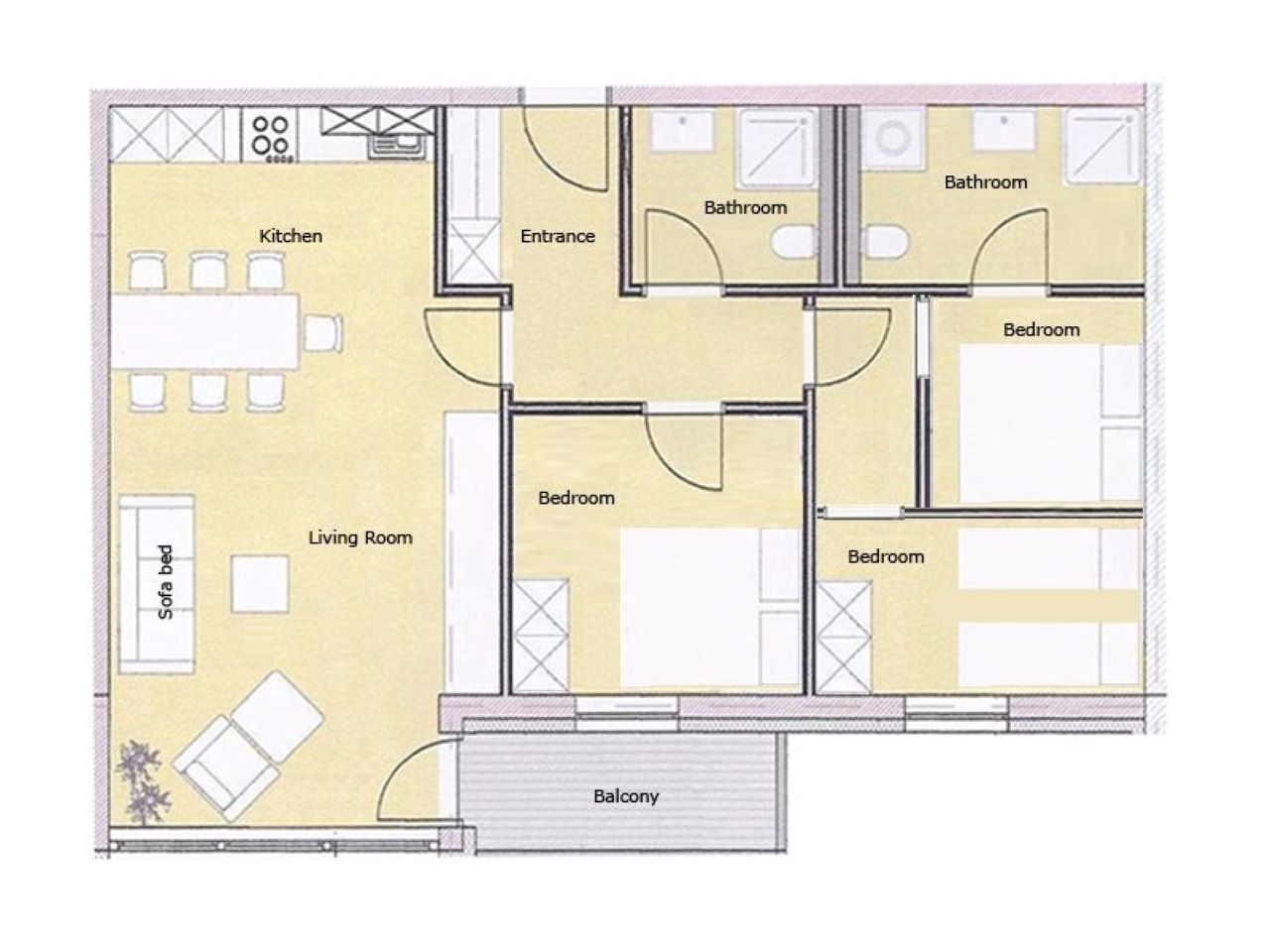 A floor plan of a house with a kitchen, two bathrooms, two bedrooms, a living room, and a balcony.