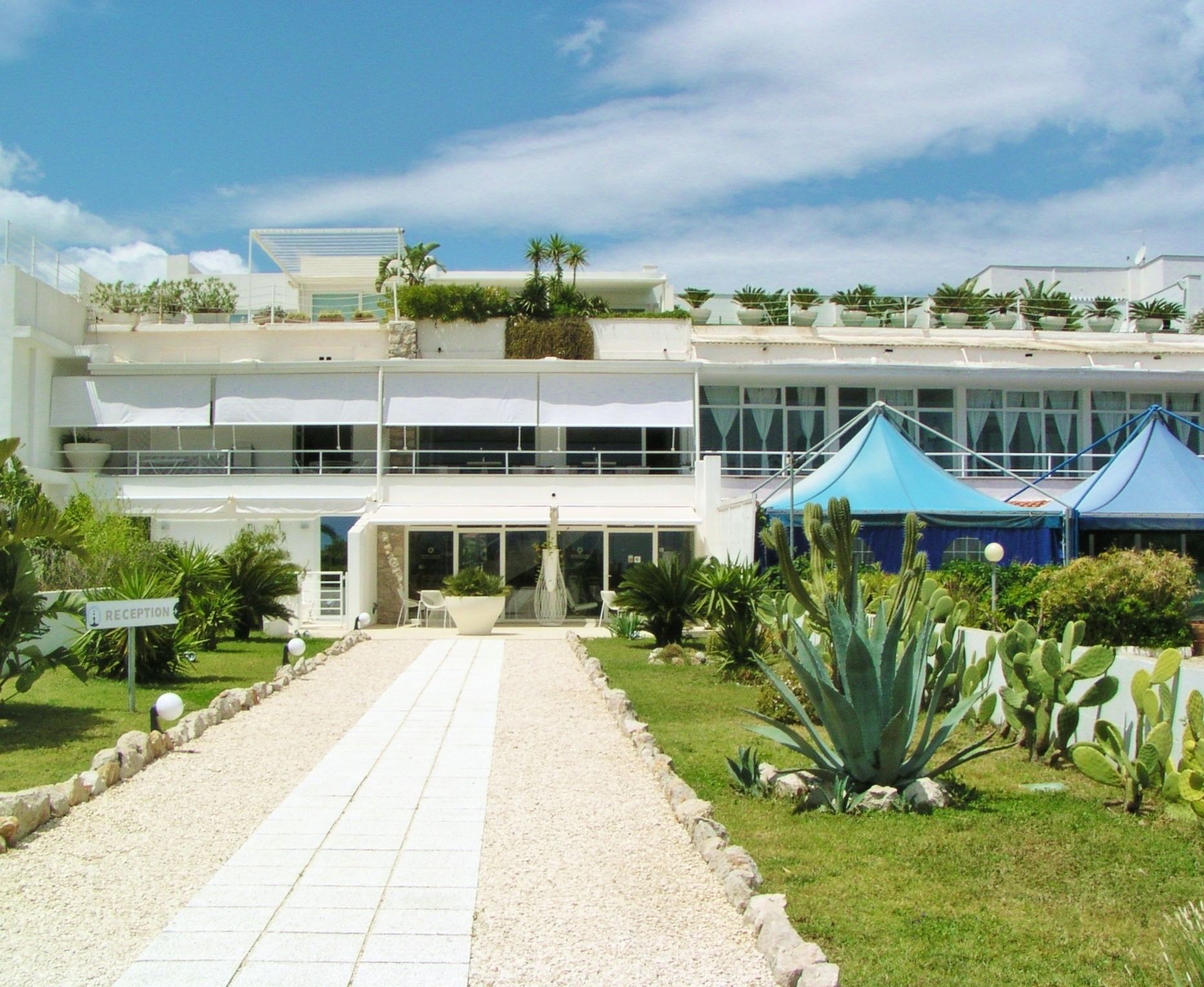 A modern hotel with a reception area, outdoor seating, and a garden with cacti.