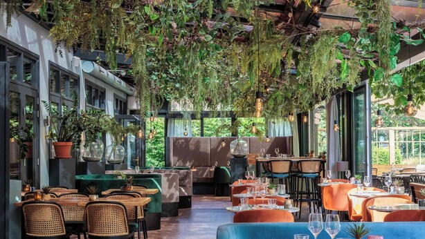 An indoor dining area with tables, chairs, hanging plants, and large windows. - Paviljoen Hotel (Rhenen)