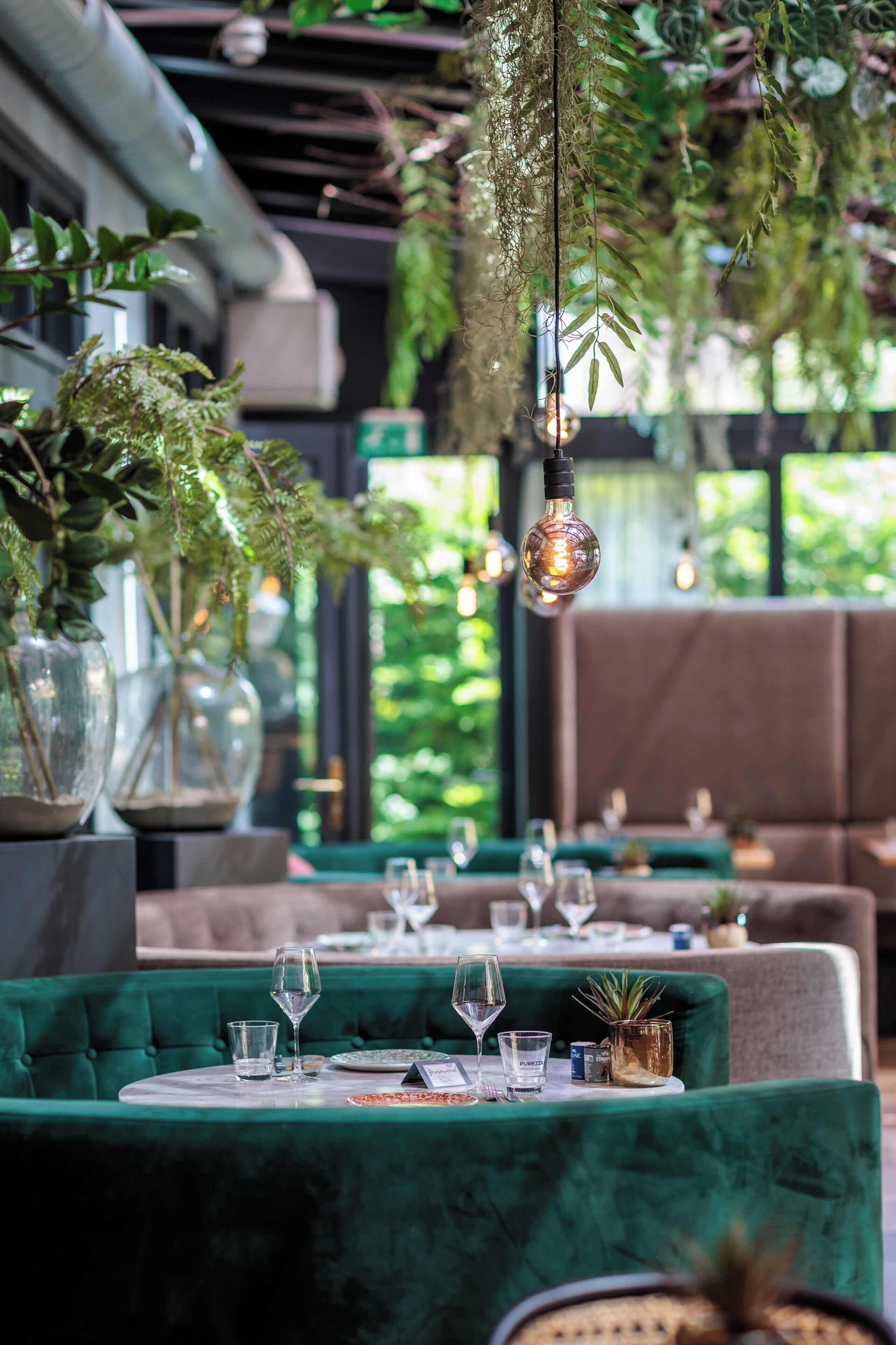 A restaurant with green velvet booths, hanging plants, and pendant lighting.
