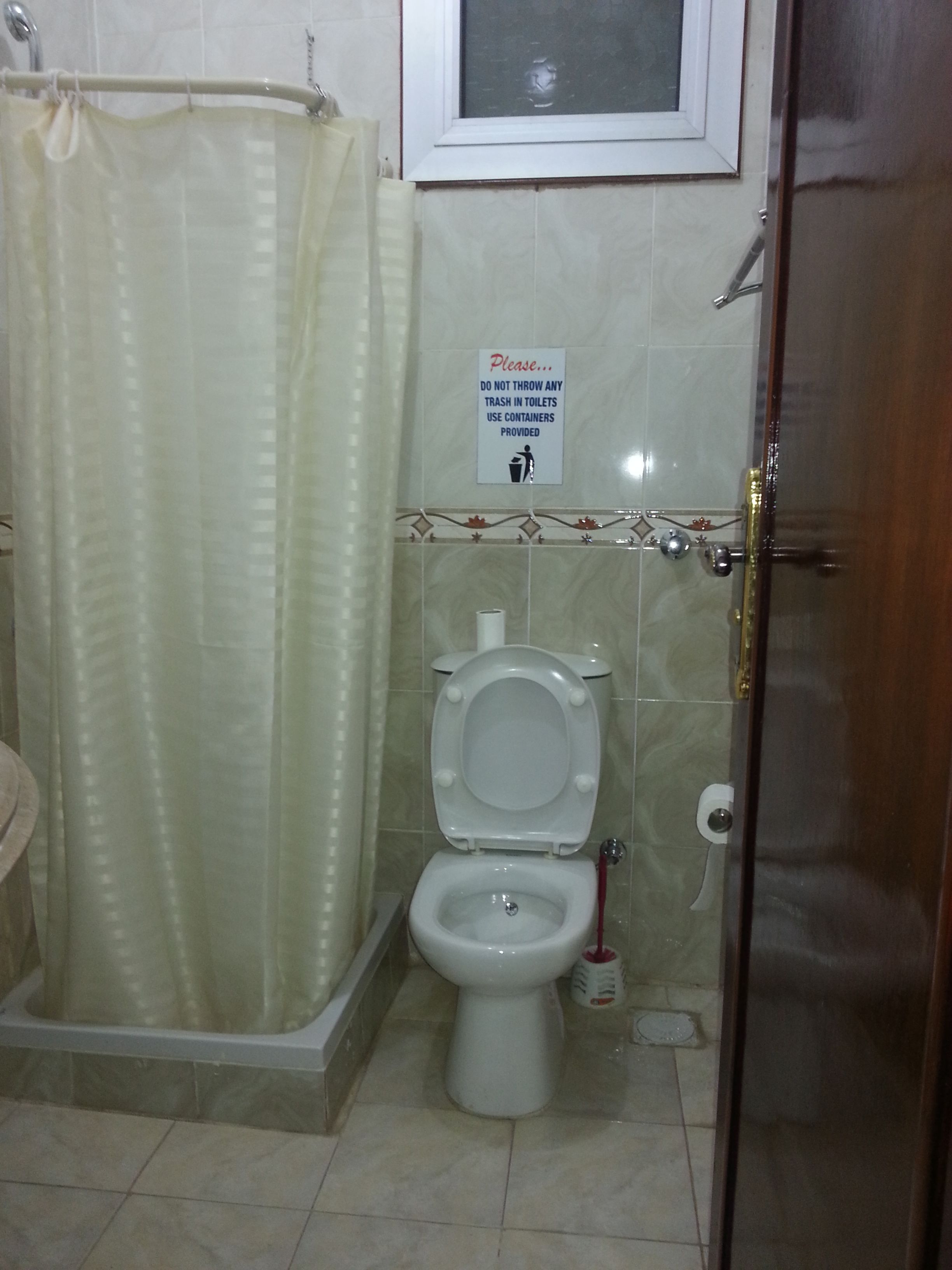 combined shower/bathtub, bidet, towels