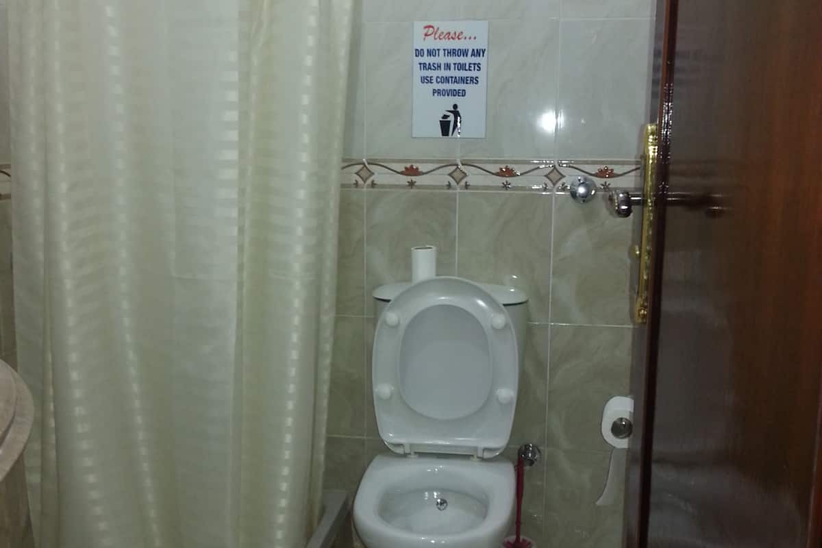 combined shower/bathtub, bidet, towels