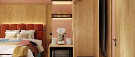 Un dormitorio moderno con una cama grande, un armario de madera y estanterías empotradas.