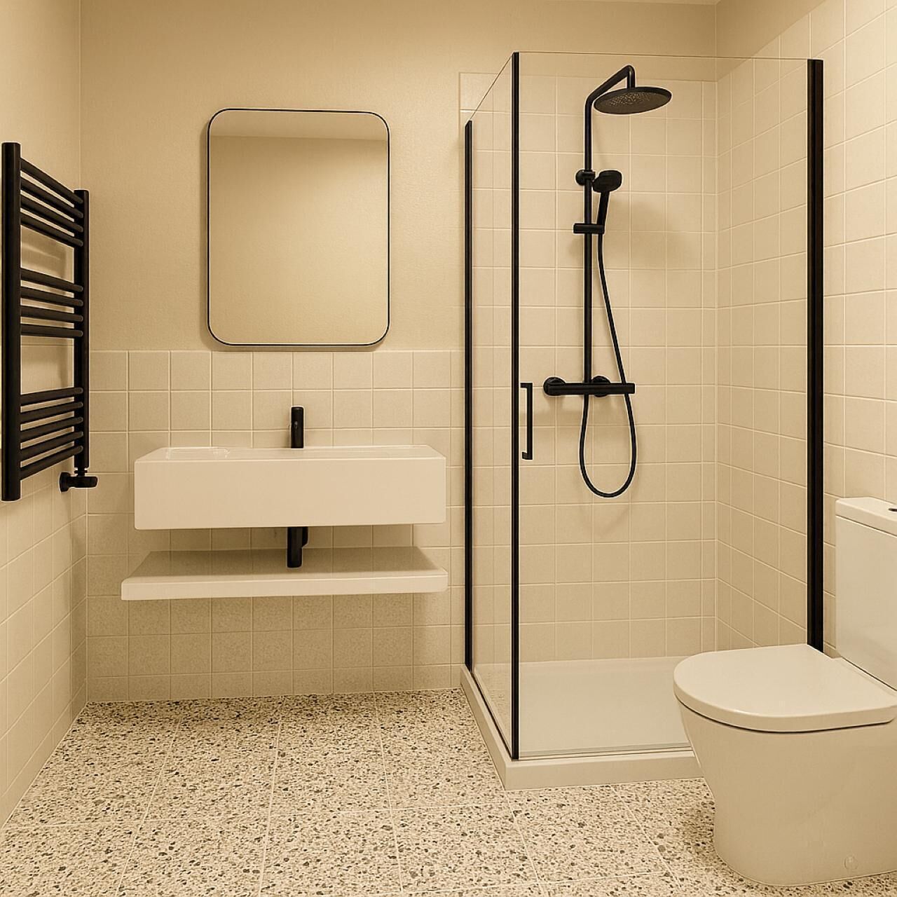 Un baño moderno con ducha de vidrio, lavabo blanco y retrete.