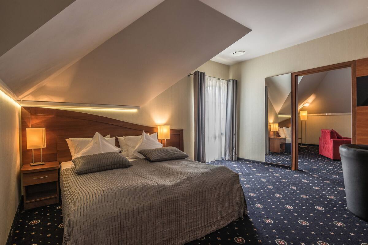 A hotel room with a large bed, bedside lamps, a mirror, and a patterned carpet.