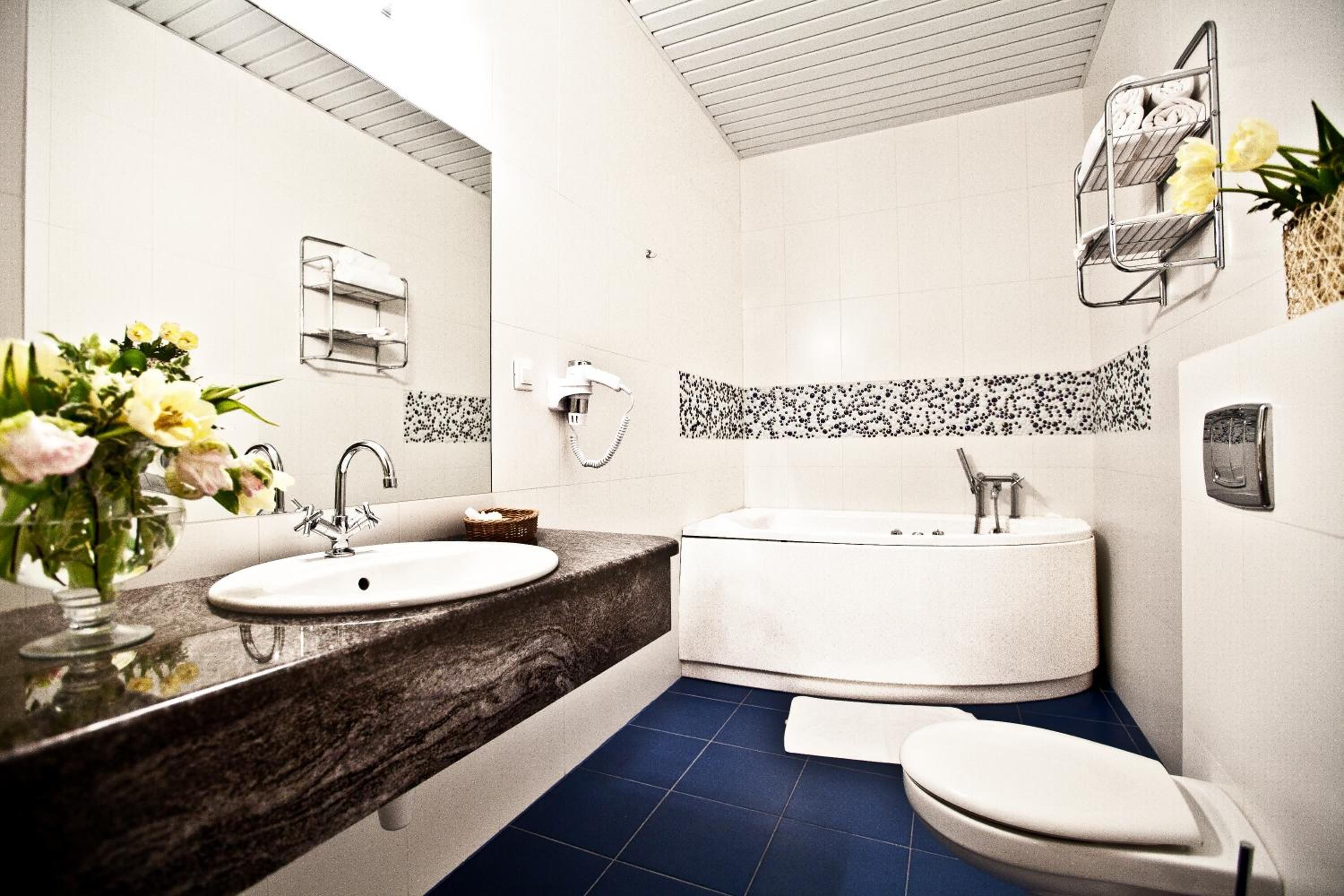 free toiletries, hair dryer, slippers, towels