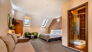 A hotel room with a bed, a sofa, a desk, a chair, a window, and a shower area. - Long Street Hotel (Brasov)