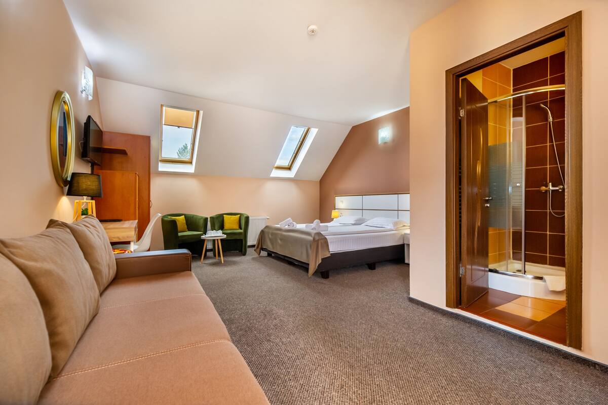 A hotel room with a bed, a sofa, a desk, a chair, a window, and a shower area.