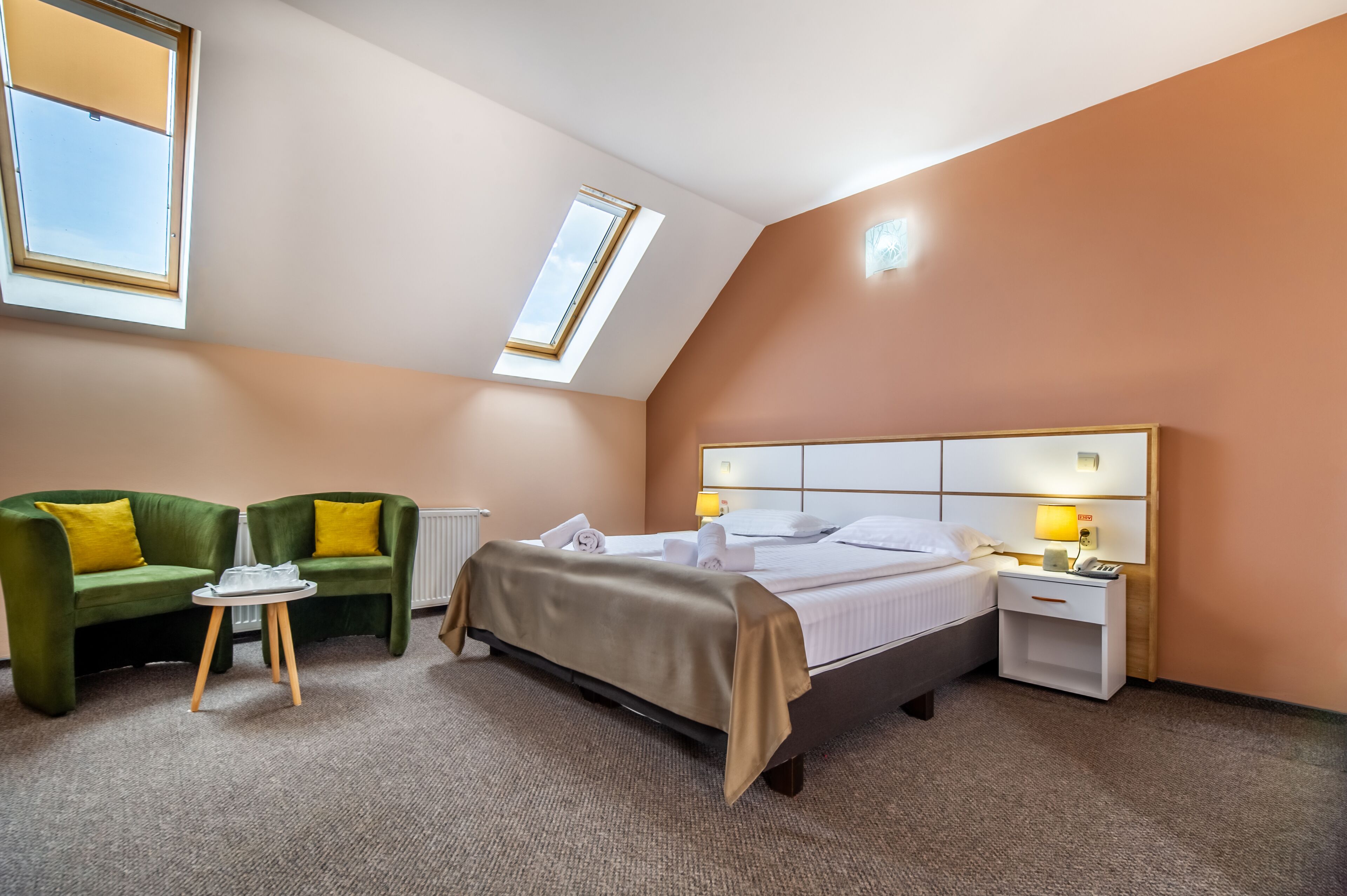 A hotel room with a bed, a green sofa, a small table, a nightstand, and a skylight.