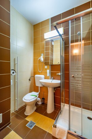 Douche, articles de toilette gratuits, sèche-cheveux, chaussons